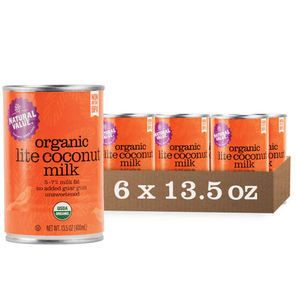 Natural Value Coconut Milk, Organic, Lite 5-7% Milk Fat,13.5 oz (pack of 6) No added Guar Gum, Unsweetened, Gluten Free, Keto Fr