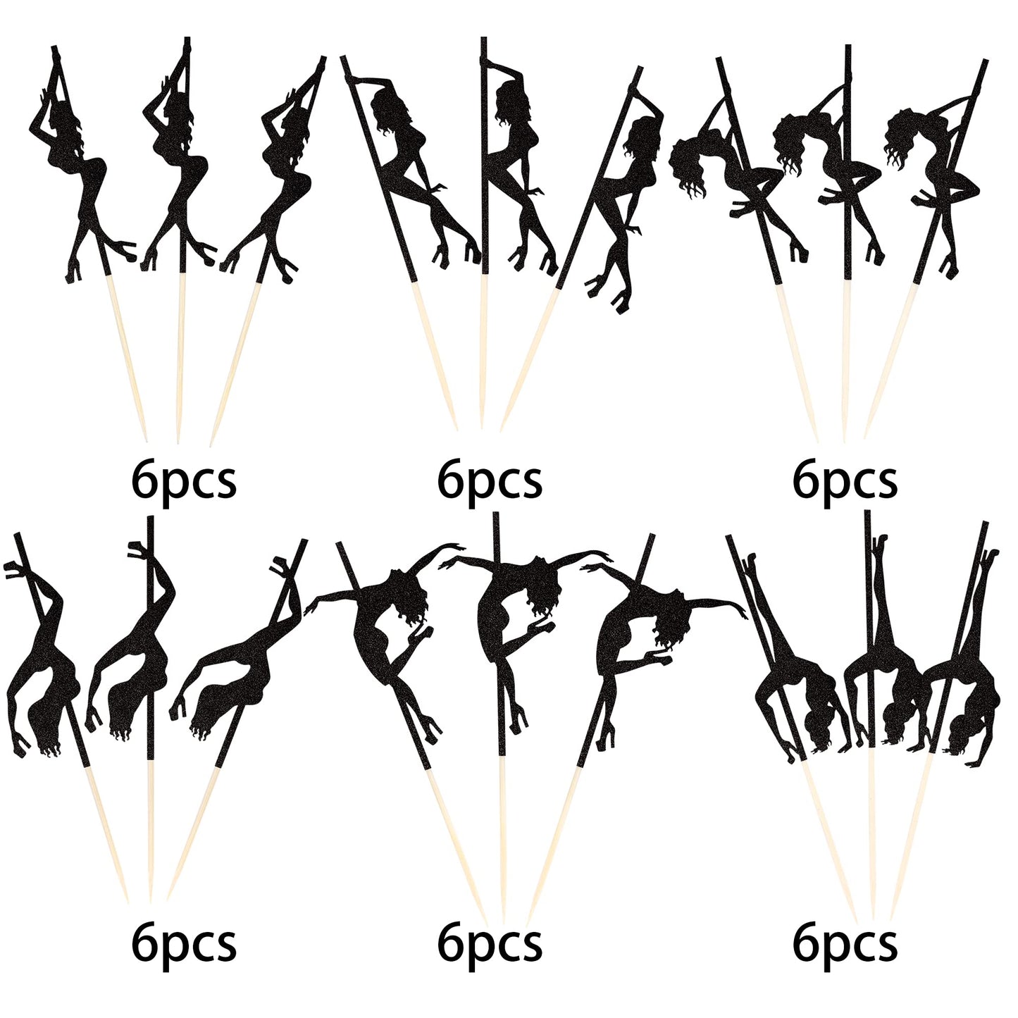 36 Pcs Pole Dance Girl Cupcake Toppers Black Glitter Pole Dancing Cupcake Picks Bachelorette Bridal Shower Birthday Party Cake D