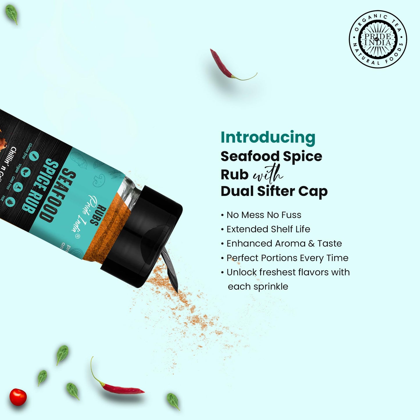 Pride Of India Seafood Spice Rub, All-Purpose Seasoning, 2.3 oz, Vegan, Gluten-Free, Dual Sifter Cap