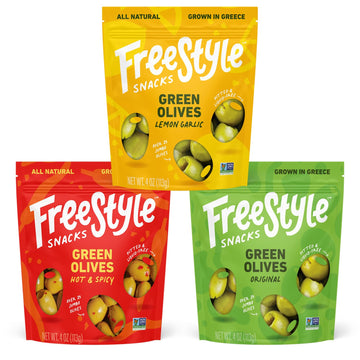 Freestyle Snacks Olive Snack Packs - Fresh Pitted Green Olives, 3 Flavors, Jumbo-Sized, Grown in Greece, Salty Snack, All Natura