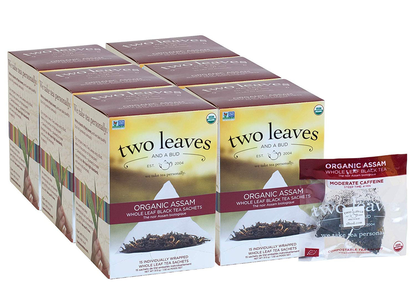 Two Leaves and a Bud Organic Assam Black Tea Bags, Whole Leaf Caffeinated Black Tea in Compostable Sachets, 15 Count (Pack of 6)