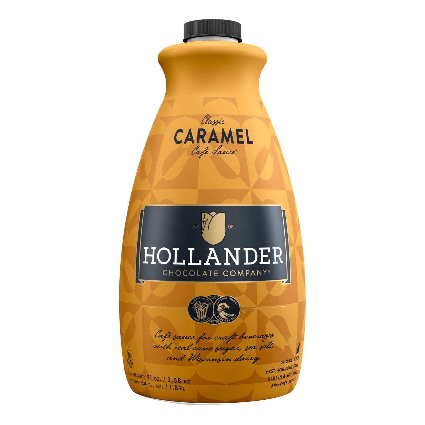 Classic Caramel Caf   Sauce by Hollander Chocolate Co. | Net Wt. 91oz / 64 fl Oz. Large Bottle | NO Pump Included