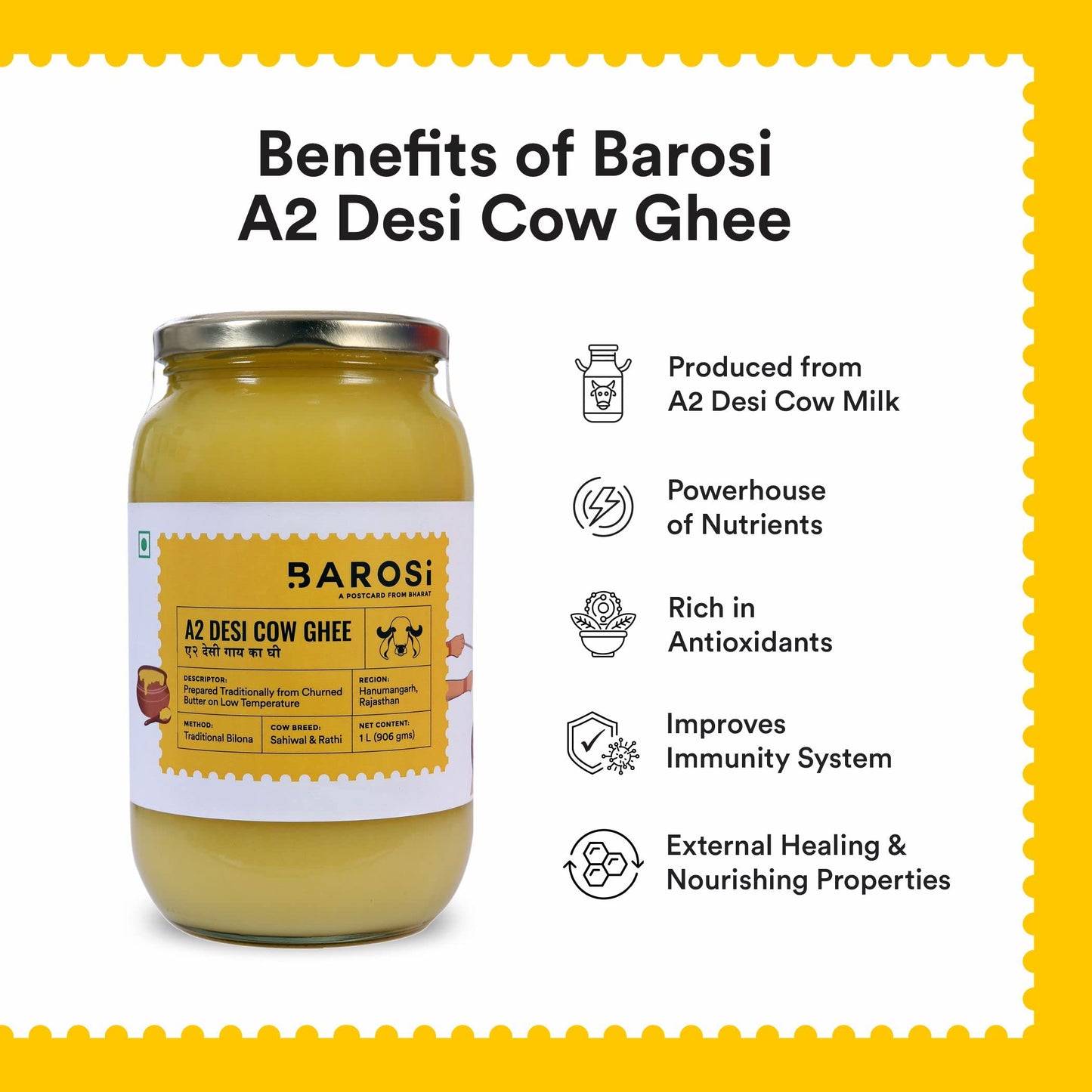 Barosi Enhanced A2 Cow Ghee 1 Litre | A2 Danedar Desi Ghee | Churned From Curd With Bilona Method | Pure & Aromatic | Organic, Farm Made In Small Batches | Glass Jar