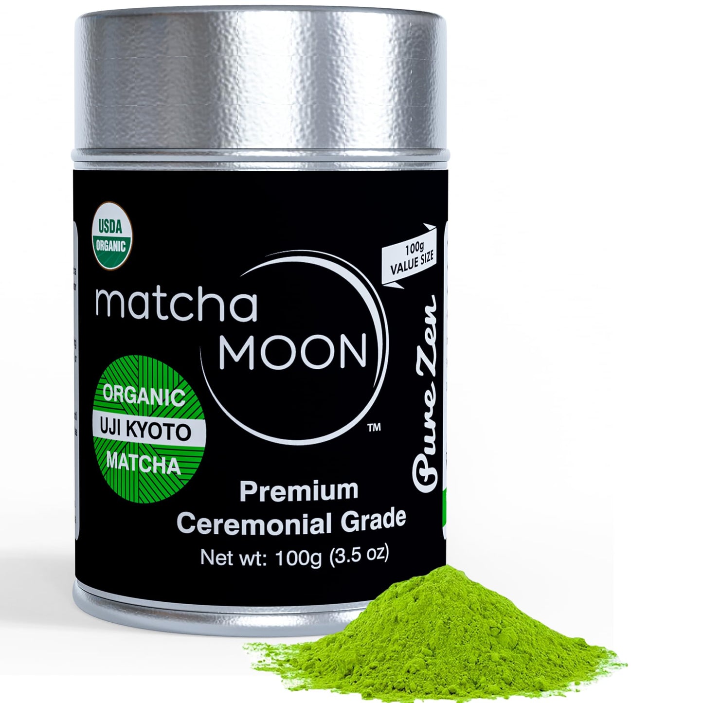 Matcha Moon Ceremonial Grade Matcha Green Tea Powder - Organic - 100g Tin - Perfect for Whisking - Value Size