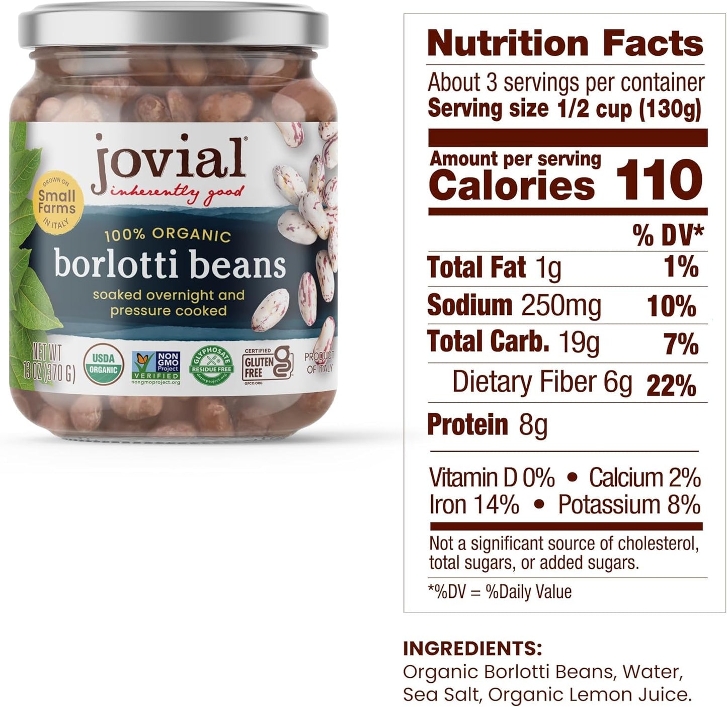 Jovial 100% Organic Borlotti - Borlotti, Organic Borlotti, No Saturated Fat, Gluten Free, Recyclable Glass, Great Source Of Fibe
