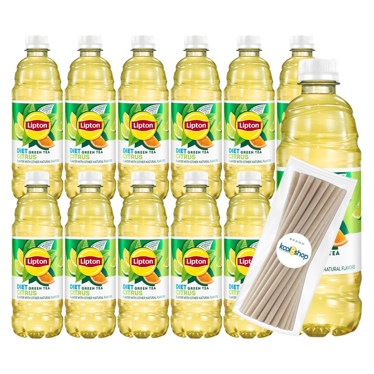 Lipton Diet Citrus Green Tea 16.9 fl oz Plastic Bottle 12 Pack + 15 Sugarcane Disposable Straws by KOOL8SHOP Infinite Deals