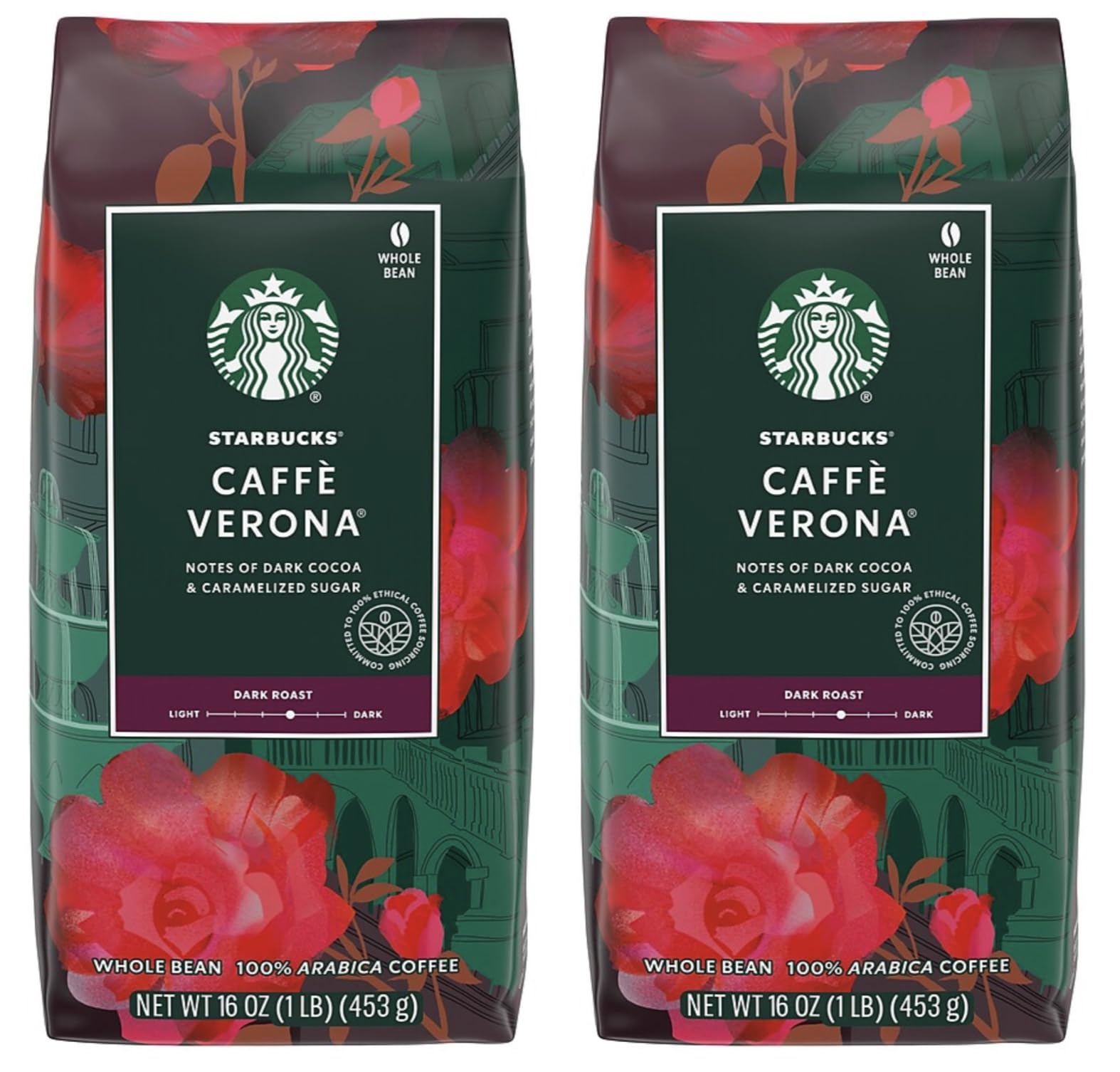 Starbucks Caffe Verona Whole Bean Coffee, 16 Ounce (Pack of 2)