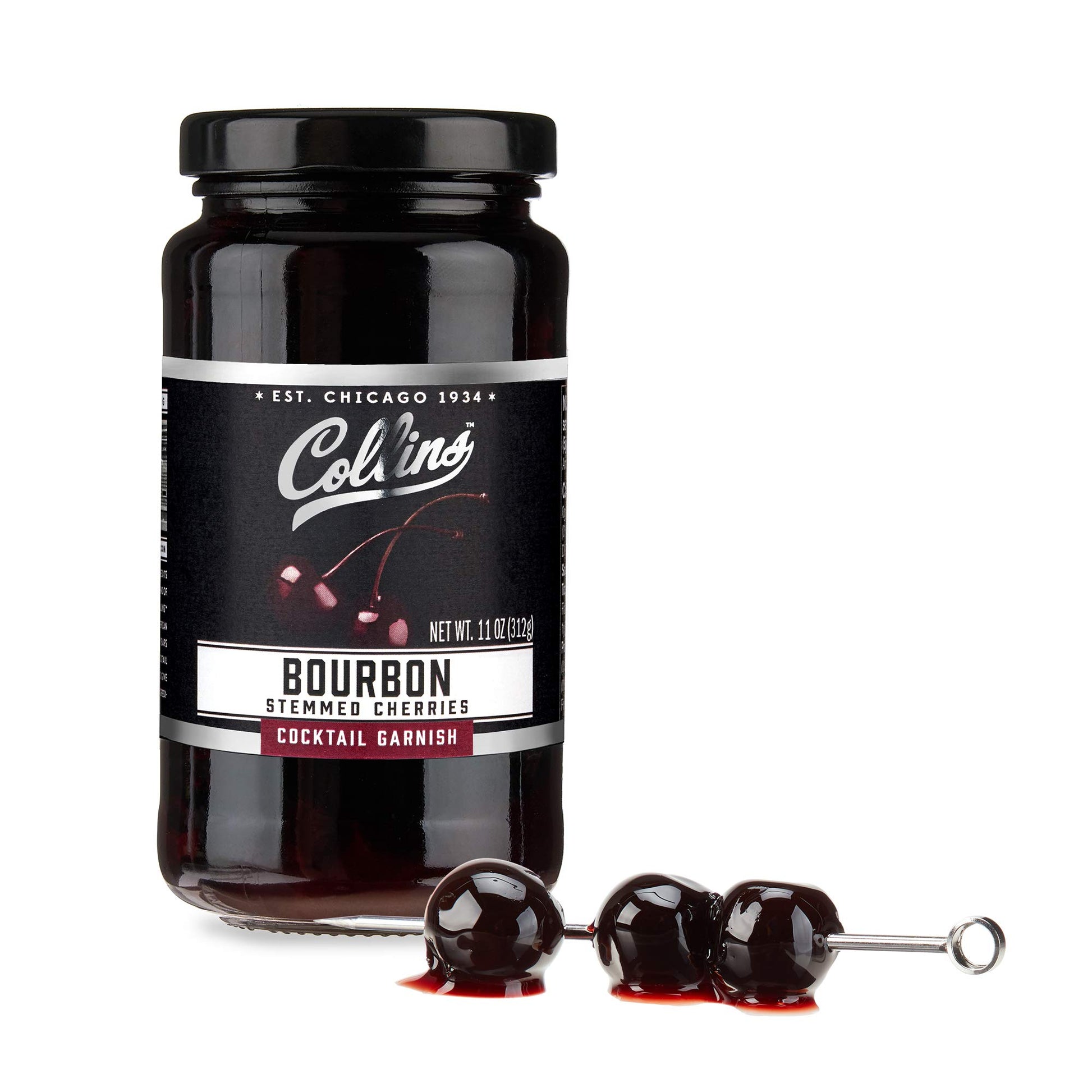 Collins Bourbon Cocktail Cherries - Drinks Garnish for Cocktails, 11 Ounce Glass Jar, Black, Model 9044