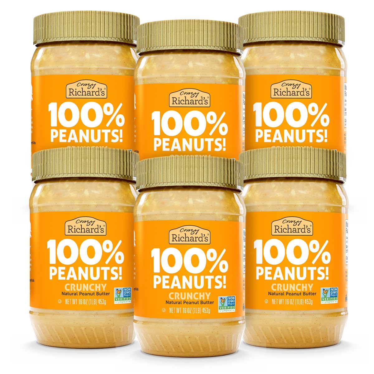 Crazy Richards 100% All-Natural Crunchy Vegan Peanut Butter with No Added Sugar and Non-GMO (16 Ounce, Pack of 6)