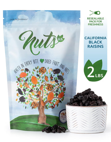 NUTS U.S. California Black Raisins, Unsulphured, Seedless, 100% Natural, No Added Sugar, 2 lbs, Resealable Bag