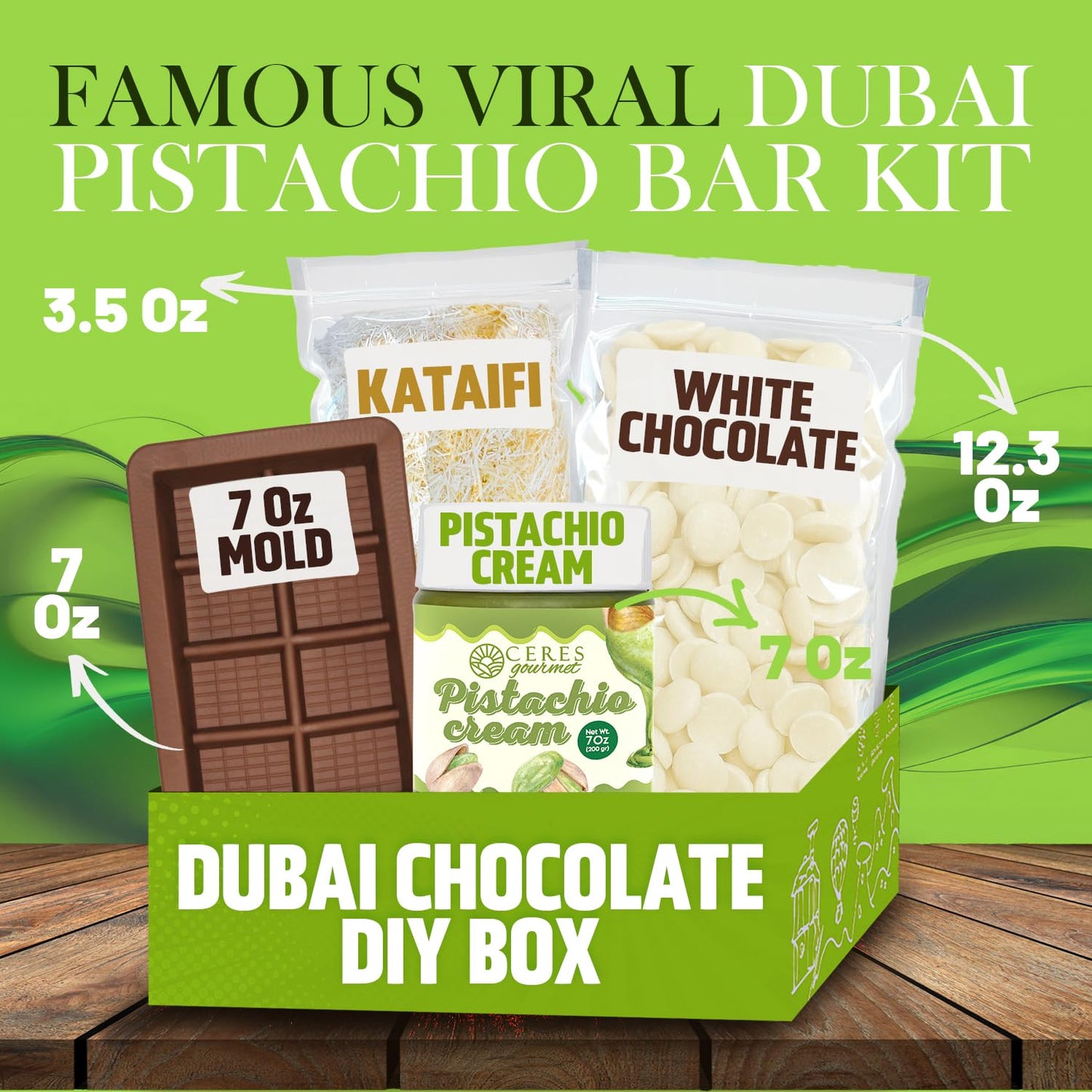 Dubai White Chocolate Bar Diy Kit – Includes Reusable Mold, 12.3 Oz White Melting Wafers, 3.5 Oz Crunchy Kataifi, 7 Oz Pistachio Spread – Gourmet Gift Kit For Chocolate Lovers