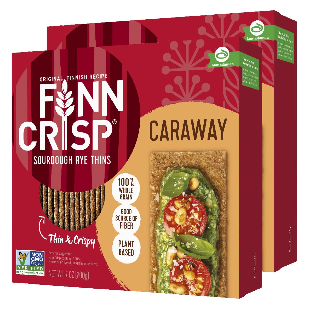 Finn Crisp Rye Crispbread with Caraway, 7oz (Pack of 2) - Thin, Crispy Rye Flatbreads, Authentic Finnish Sourdough Crackers