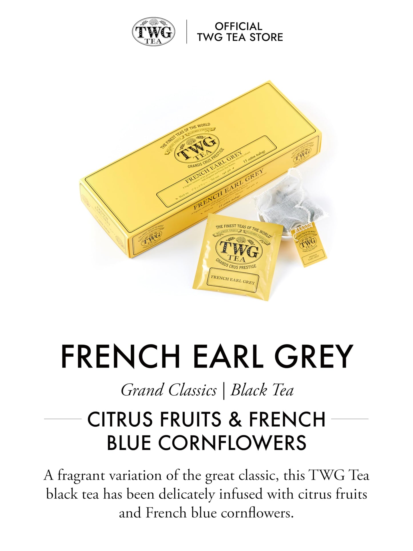 Twg Tea | French Earl Grey | Black Tea | Citrus Fruits & Blue Cornflowers | 15 Hand Sewn Cotton Tea Bags | Gift Set