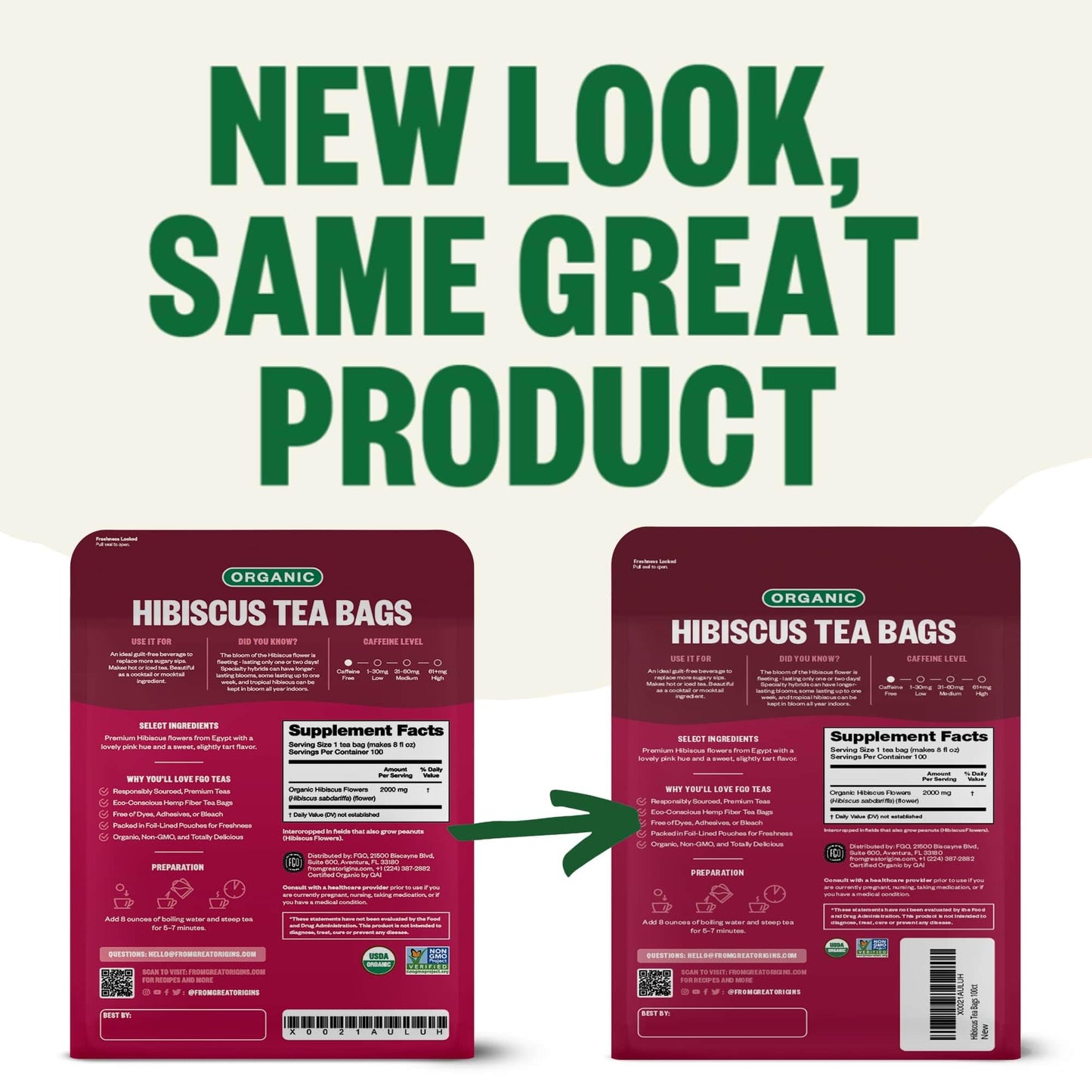 FGO Organic Hibiscus Tea Bags, Caffeine Free, 100 Count, Eco-Conscious Packaging, Pack of 1