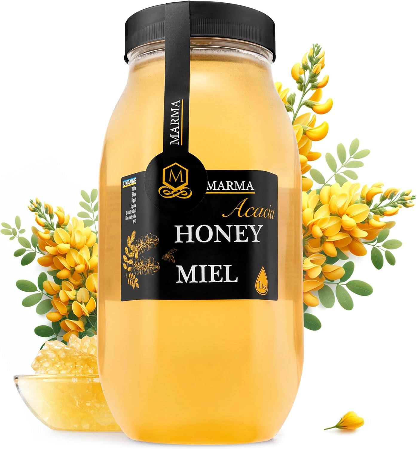 Honigma Marma Acacia Honey | Authentic Raw Honey From Ukraine | 100% Pure & Unpasteurized | 1000G/35.2Oz | May Arrive Partially Crystallized | Pack Of 1