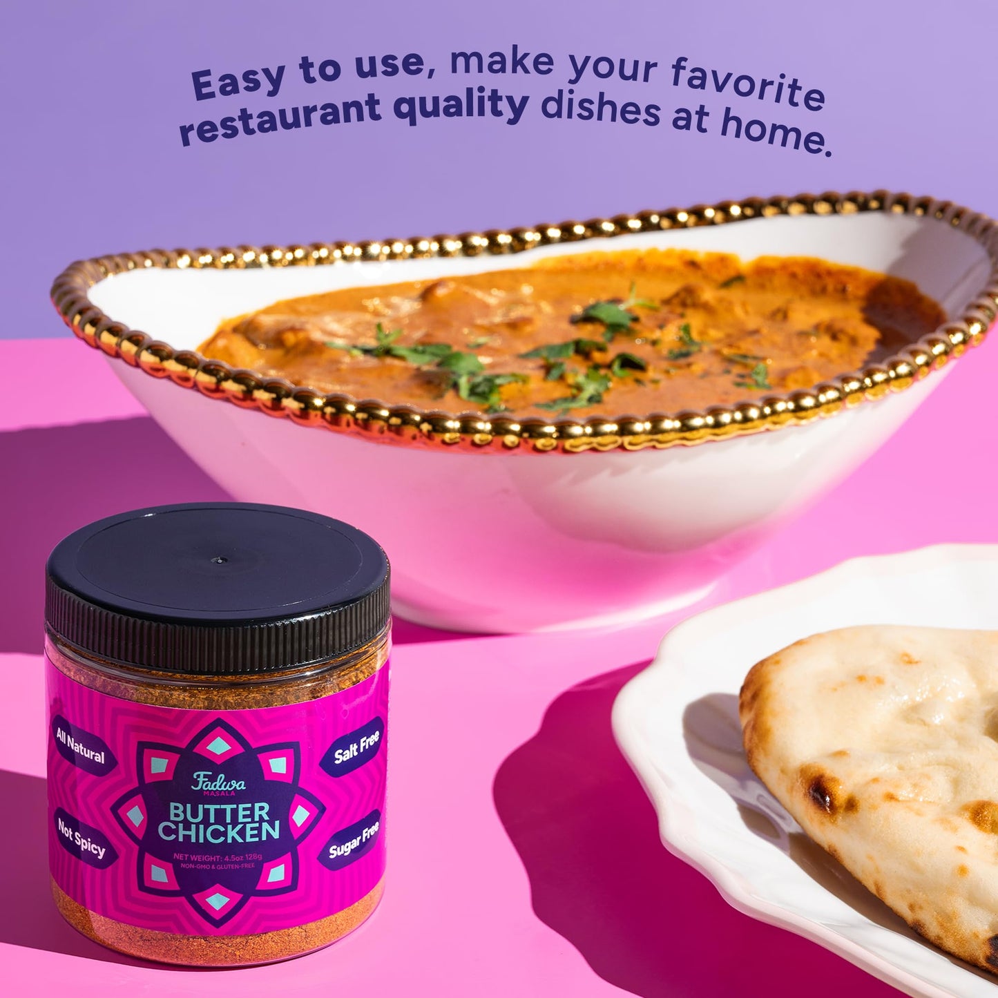 Fadwa Masala Butter Chicken Spice Mix - 4.5 oz Jar  Salt & Sugar Free  Non-Spicy Authentic Desi Spices for Pakistani & Indian Cooking  Curry  Garam Masala - No Artificial Ingredients - Gluten Free