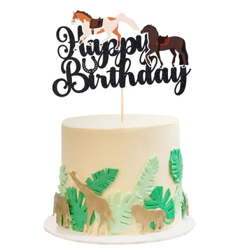 Gyufise 1Pcs Horse Happy Birthday Cake Topper Glitter Animal Horse Cake Pick For Equestrian Theme Baby Shower Kids Boys Girls Bi