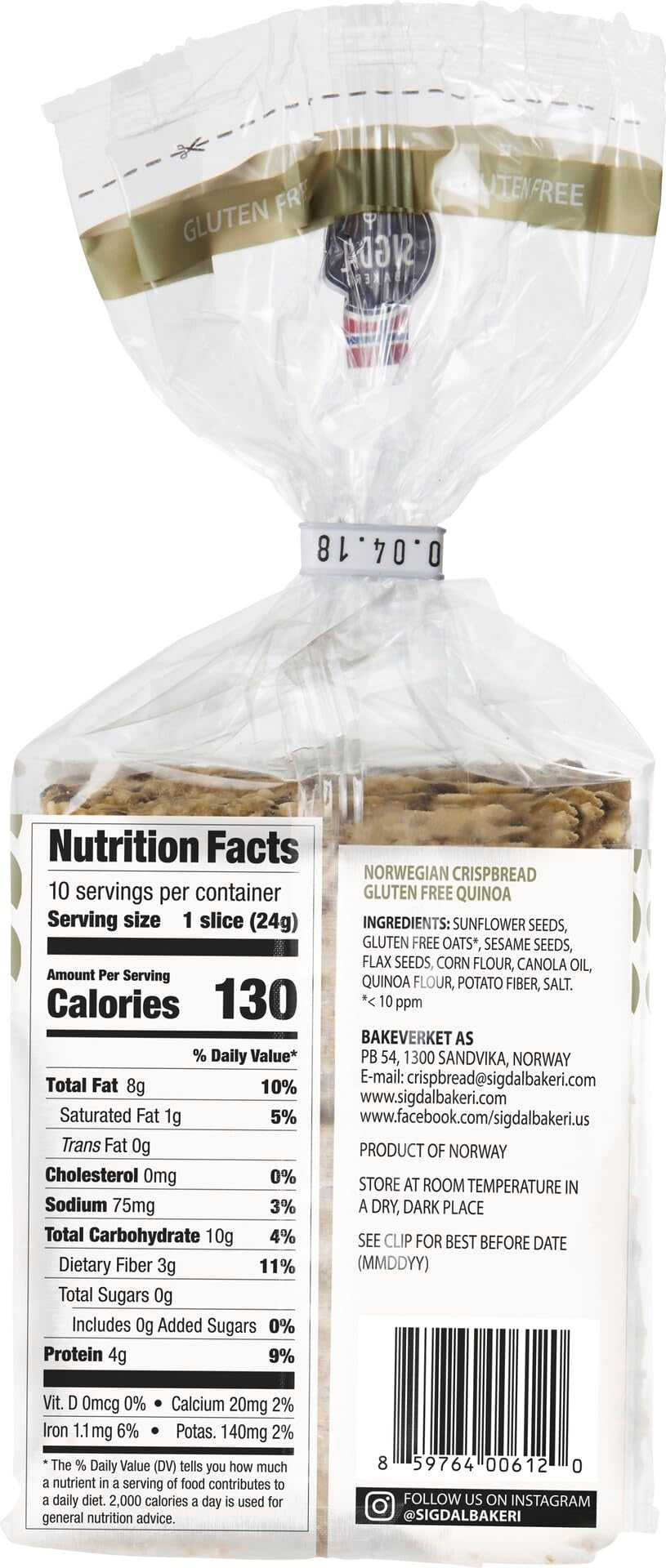 Sigdal Gluten Free Quinoa Crispbread, Wholegrain, 8.29oz (Pack of 2)