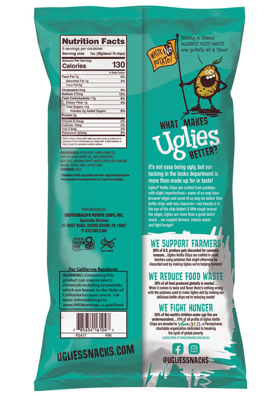 Uglies Salt and Vinegar Kettle Cooked Potato Chips, Gluten Free, 6 Oz. Bags, Pack of 4