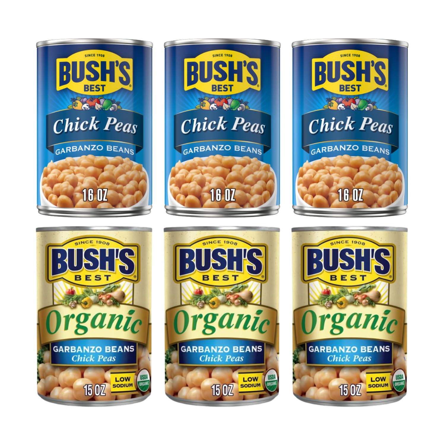 Bush's Best Baked Beans, Garbanzo Gourmet Pair, 3 Garbanzo (16 Oz), 3 Organic Garbanzo (15 Oz), (Variety Pack)
