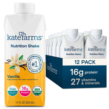 KATE FARMS Organic Nutrition Shake, Vanilla, 16g Protein, 27 Vitamins and Minerals, Protein Meal Replacement Drink, Protein Shak