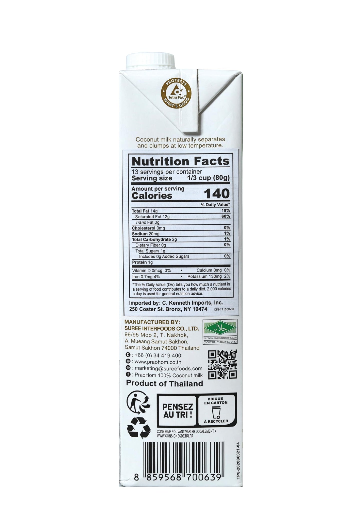 PRAOHOM Coconut Milk - Dairy Free Milk Alternative, 33.8 Fl Oz (Pack of 6) - Ideal for Cooking and Baking