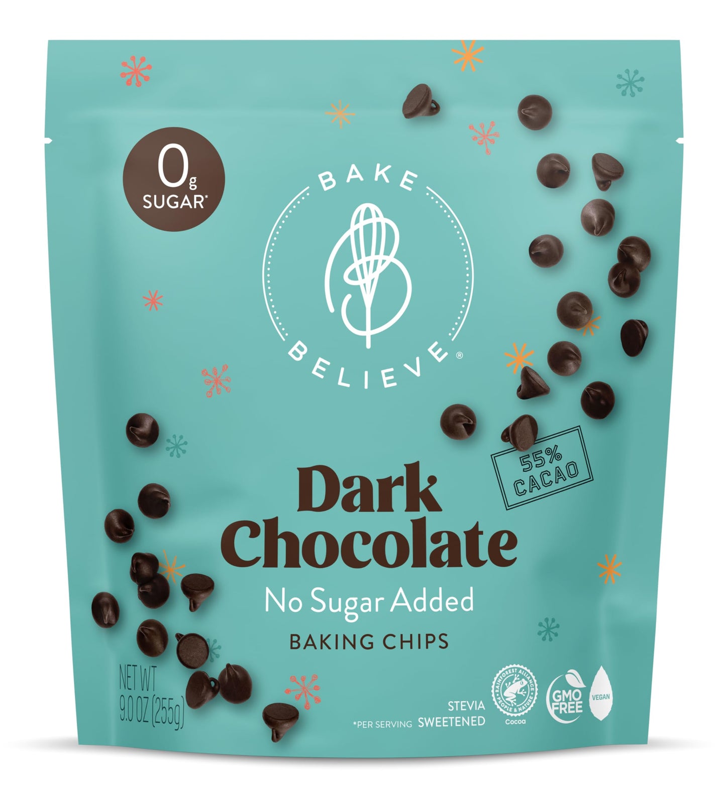 Bake Believe Dark Chocolate Flavored Baking Chips | Stevia Sweetened | Keto-Friendly | Vegan | 55% Cacao | Non-GMO | Rainforest 