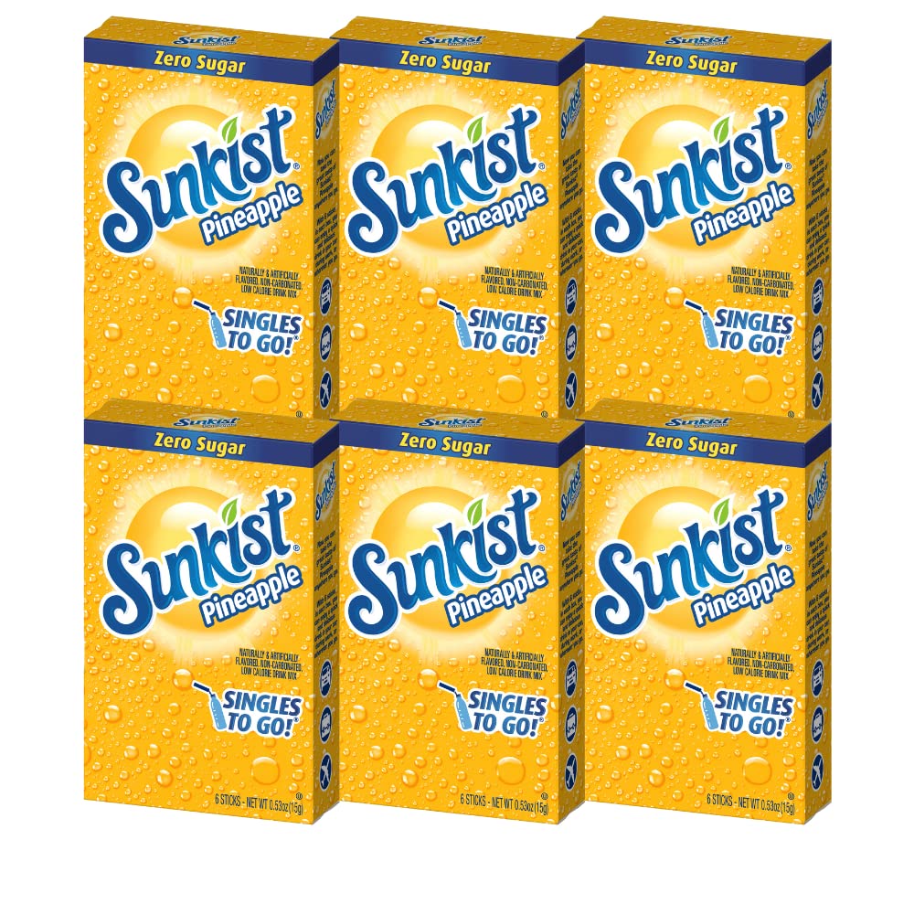 SINGLES TO GO! Sunkist Singles-To-Go Drink Mix, Pineapple, Low-Calorie, Zero Sugar, 6 CT (Pack of 6), 1 Ounce