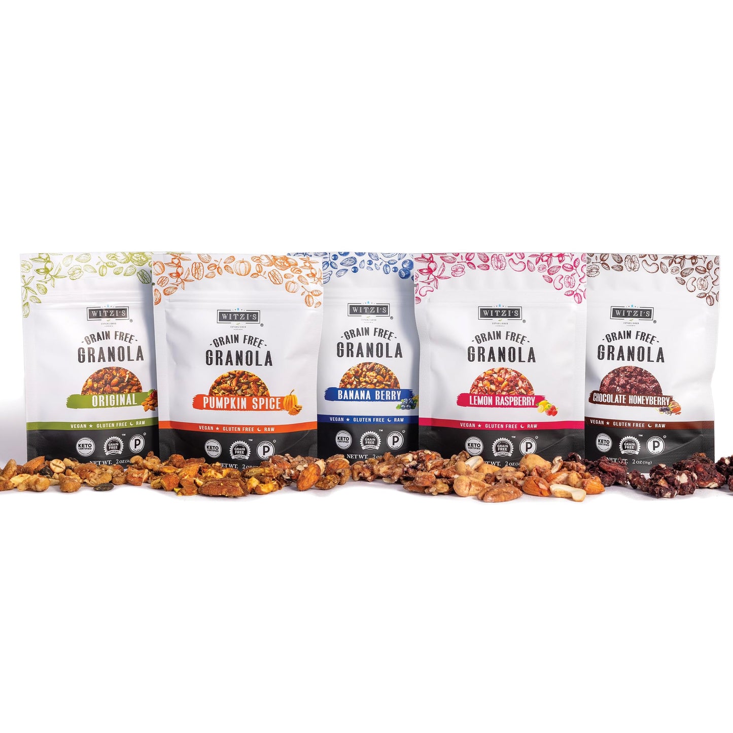 Witzi's Grain Free Granola, Variety Pack, 2oz (Pack of 5), Original, Banana Berry, Chocolate Honeyberry, Lemon Raspberry, Pumpki