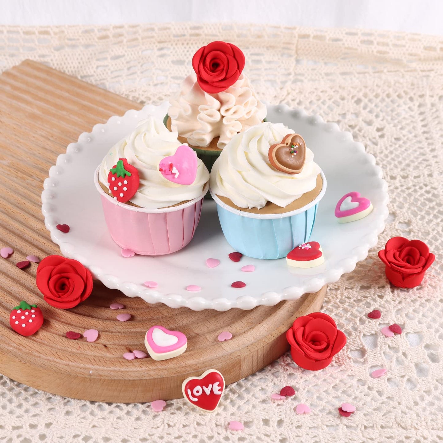 Edible Valentine Icing Decoration, Red Rose Icing Decoration, Royal Icing Heart Sprinkle, Strawberries Sugars Sprinkles For Cupc