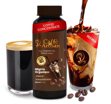 Caffe di Artisan Liquid Coffee Bottle - Premium Cold Brew concentrate, Iced & Hot Coffee - Eco-Friendly. Rich; Nilgiris Organiqu