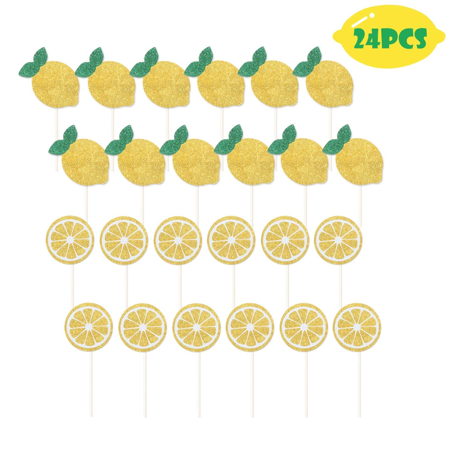 Oskal 24Pcs Glitter Lemon Cupcake Toppers Fruits Theme Party, Lemonade Party Decor, Summer Cupcake Toppers, Main Squeeze Party D