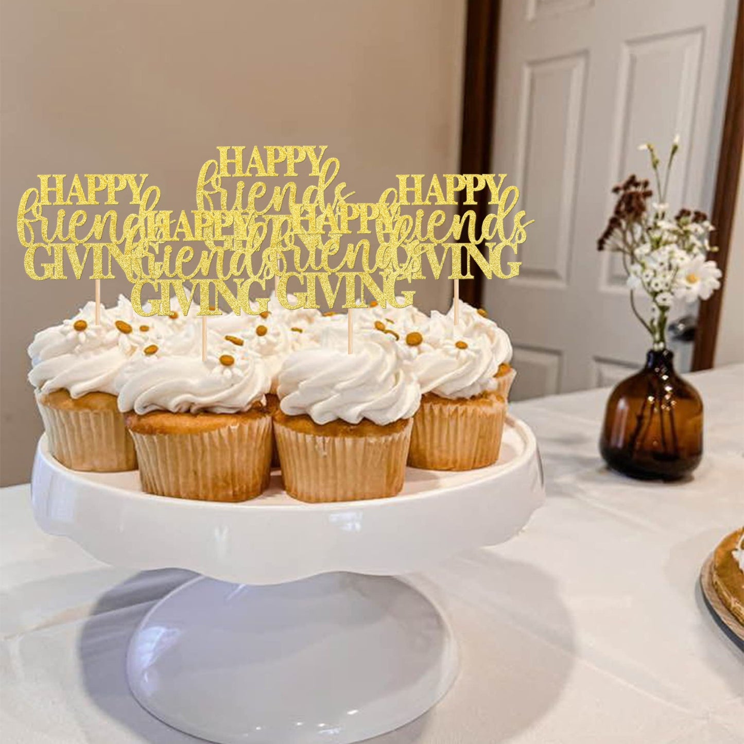 24 Pcs Happy Friendsgiving Cupcake Toppers Glitter Fall Theme Thanksgiving Cupcake Picks Give Thanks Cake Decorations For Happy