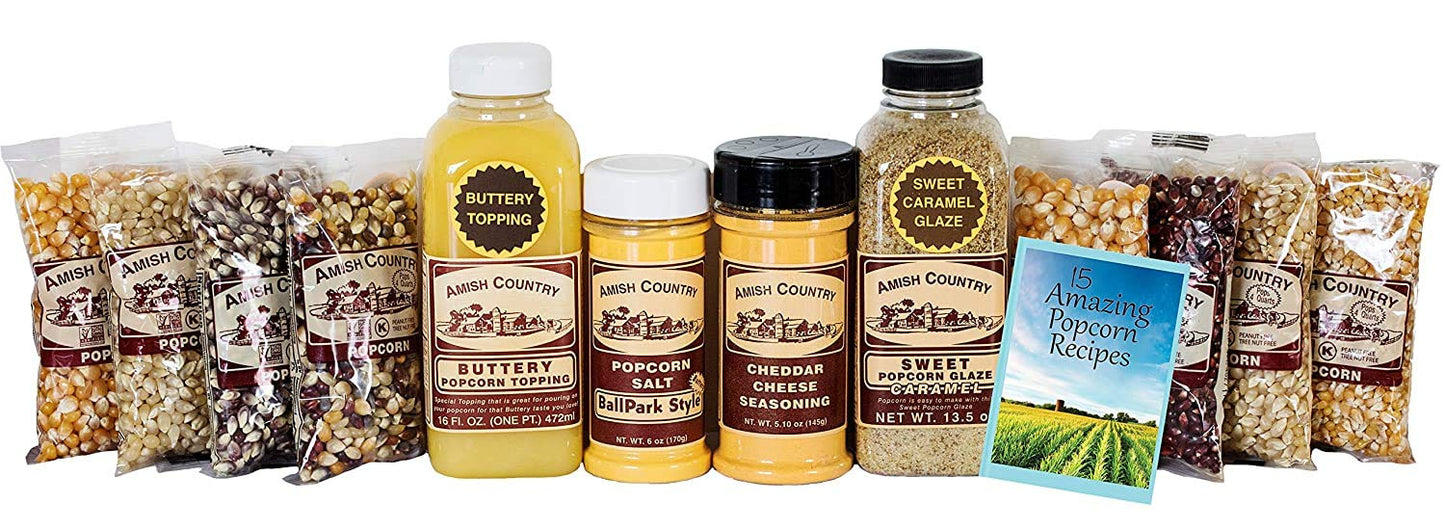 Amish Country Popcorn | 8-4 Ounce Variety Gift Set With Buttery Topping, Sweet Caramel Glaze, Ballpark Salt & Cheddar Cheese Sea