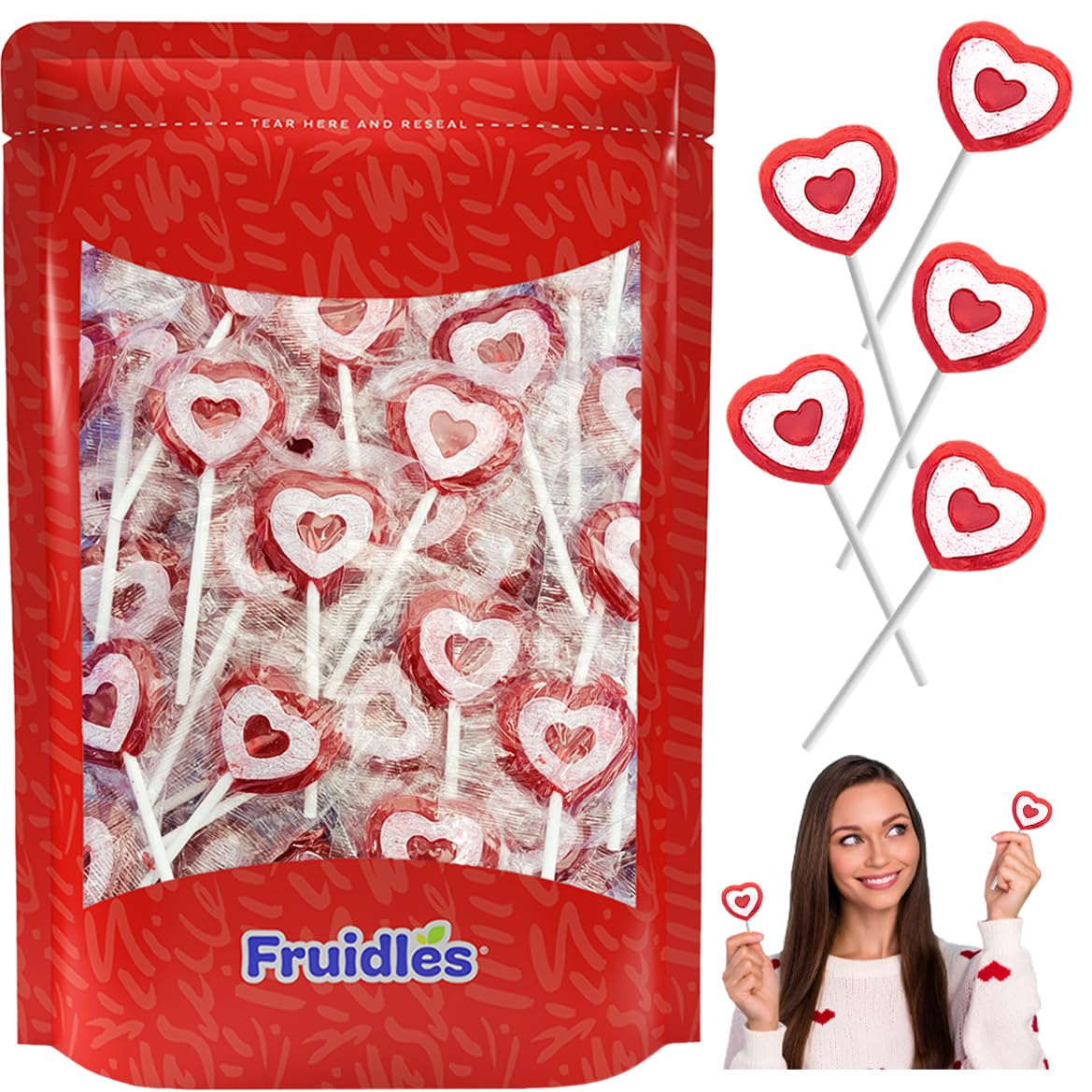 Fruidles ValentineS Tattoo Heart Lollipops Candy  Red Heart Shaped Hard Candy Lollipop Suckers  Individually Wrapped  10G (20 Count (Half-Pound))
