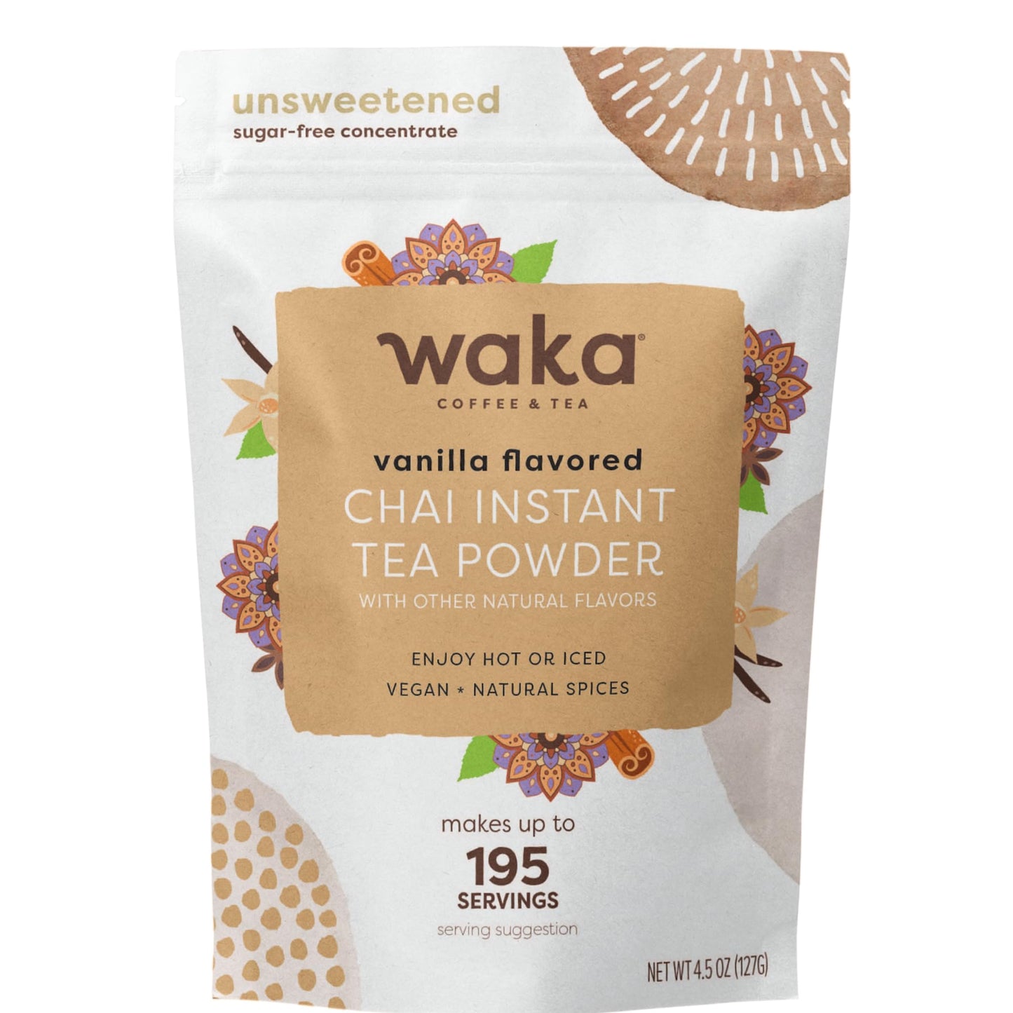 Waka Vanilla Chai Tea Powder Mix, Unsweetened Vegan, 4.5oz Pouch, 100% Tea Leaves, Natural Spices, 195 Servings