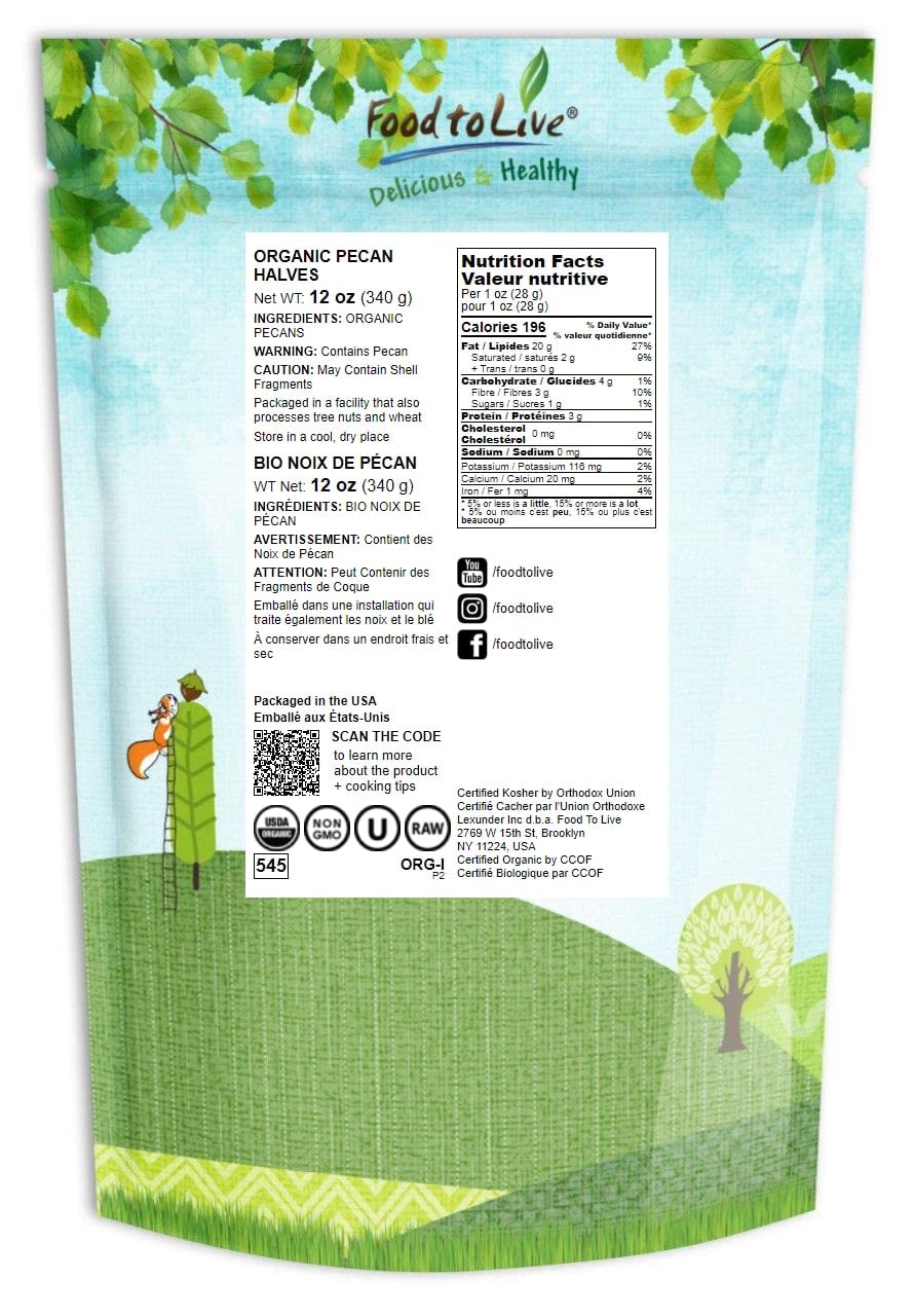 Food to Live Organic Pecan Halves, 12 Ounces - Non-GMO, Kosher, Raw Pecan Nuts, Unsalted, Vegan, Kosher, Shelled, Sirtfood, Bulk