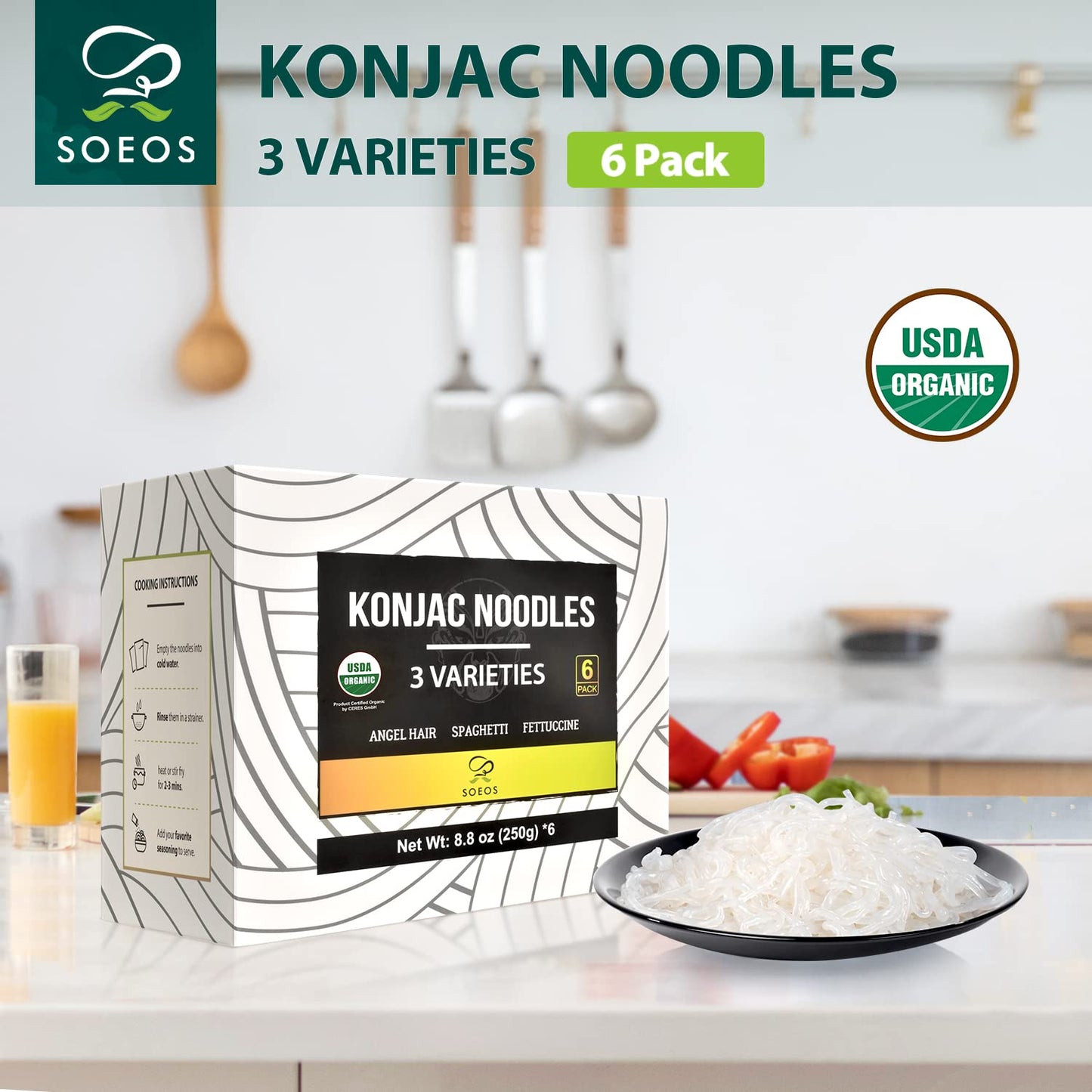 Soeos Konjac Noodles, Organic Shirataki Noodle, Low Calorie, Keto And Paleo Friendly, 3 Variety Noodles, 52.8 Ounce (Pack Of 6)