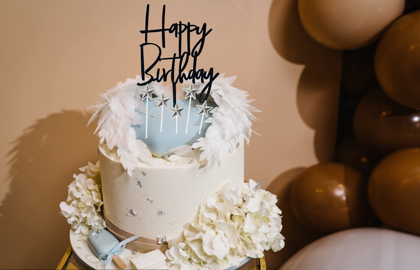 Set of 1 Black Acrylic Happy birthday Cake Topper 5 pcs silvery Star Cake Cupcake Topper(Black 1)