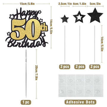 Happy 50Th Birthday Cake Topper, Black And Gold Glitter Cake Toppers, 50 Year Birthday Party Cake Decoration