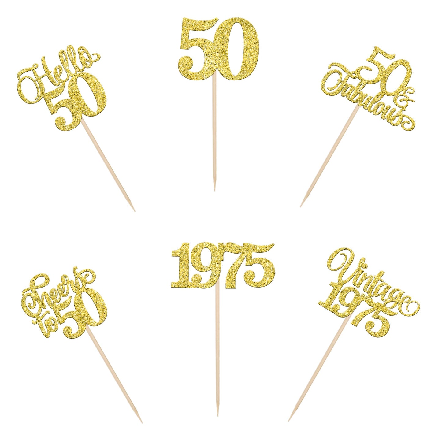 Rssta i 50th Birthday Cupcake Toppers, Gold Glitter, Vintage 1975, Paper, 24 Pack