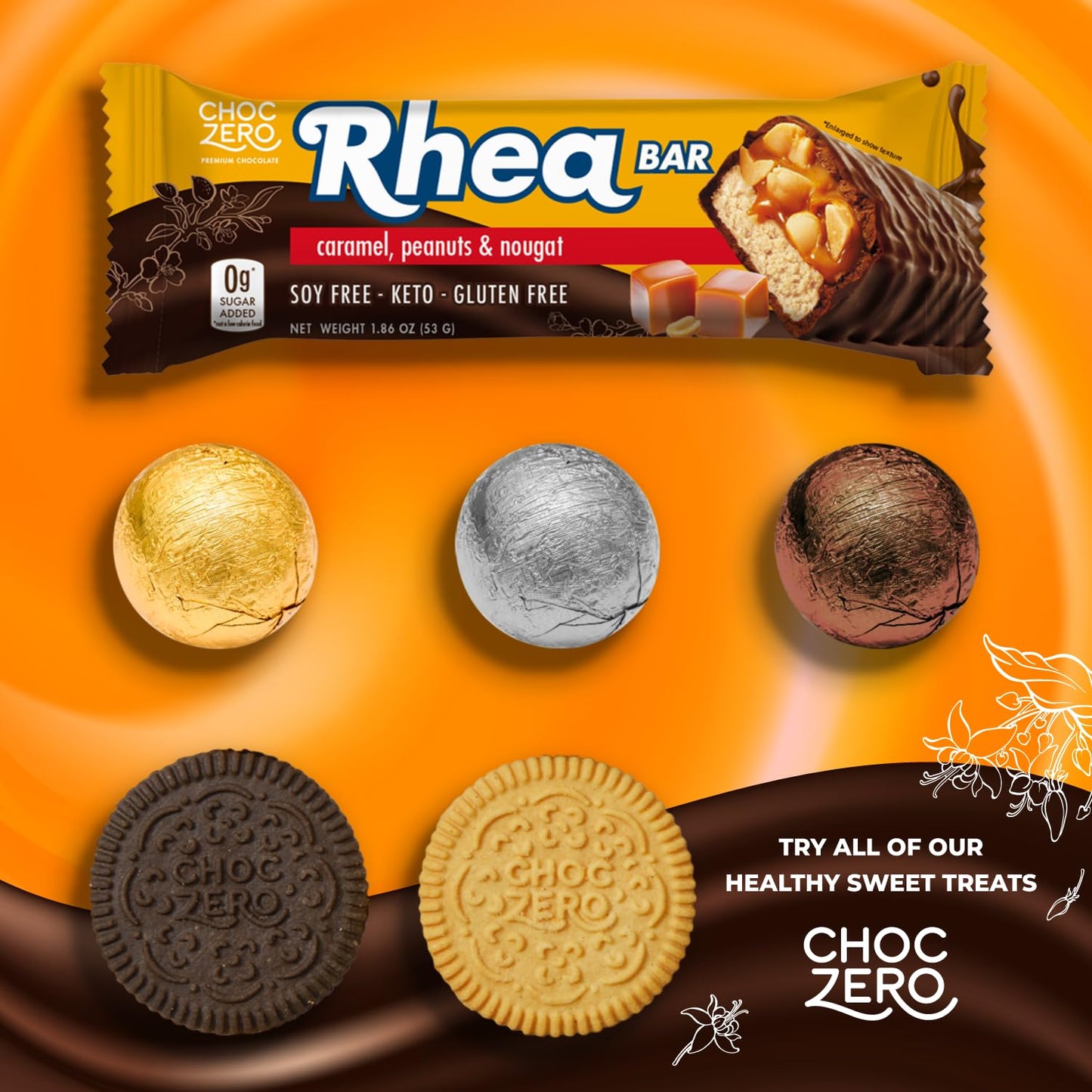 Choczero Milk Chocolate Peanut & Caramel Nougat Candy Bar, Zero Sugar Added, High Fiber, Sharing Size Rhea Bars (15 Per Box)