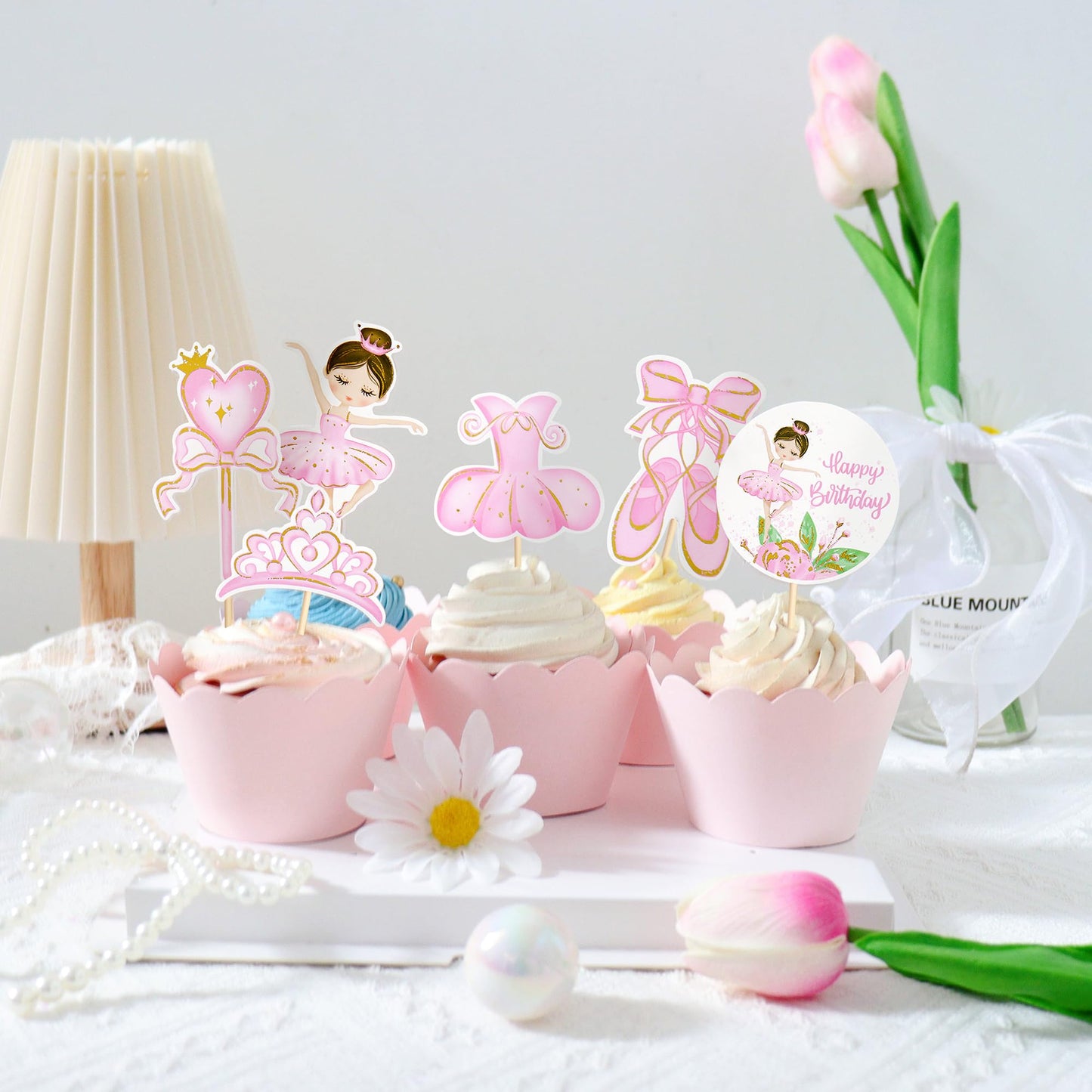 Ercadio 24 Pack Ballerina Tutu Cupcake Toppers Pink Ballet Girl Cupcake Toppers Ballet Happy Birthday Cupcake Picks For Ballerin