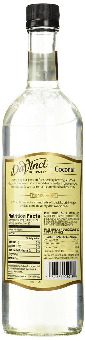 DaVinci SUGAR FREE Coconut Syrup w/Splenda 750 mL