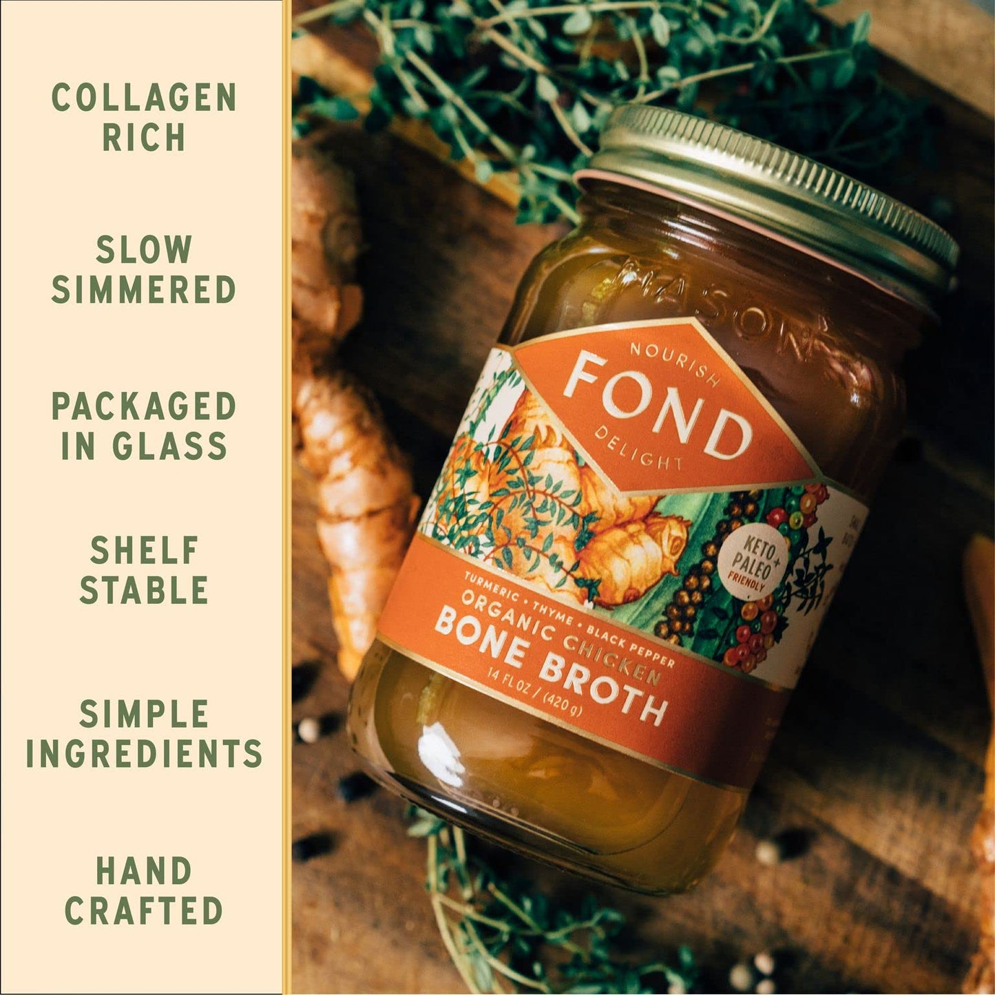 Fond Regenerative Pasture-Raised Chicken Bone Broth Infused With Organic Turmeric & Black Pepper – Slow-Simmered Chicken Broth For Rich Flavor, Nutrient-Dense, Artisan Quality – 14 Oz (8-Pack)
