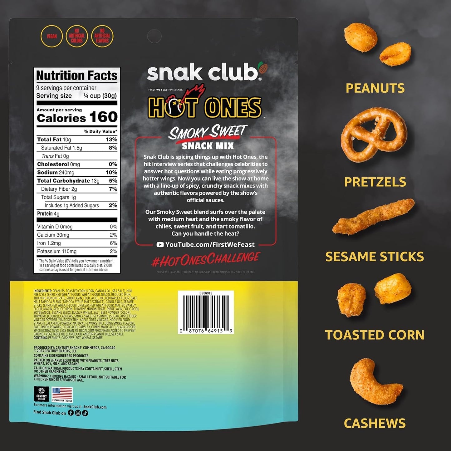 Snak Club Hot Ones Snack Mix, Smoky Sweet Spicy Snacks, 10 oz Vegan Resealable Bag
