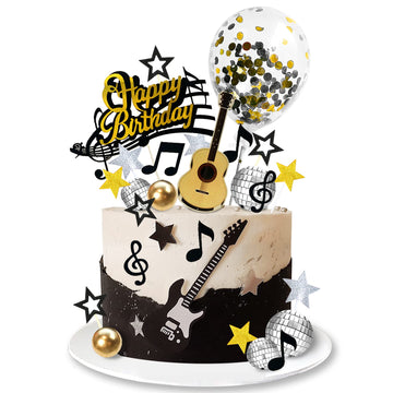 31 Pcs Guitar Cake Toppers Music Notes Balls Cake Decorations For Musician Birthday Party Rock Theme Party (Black)