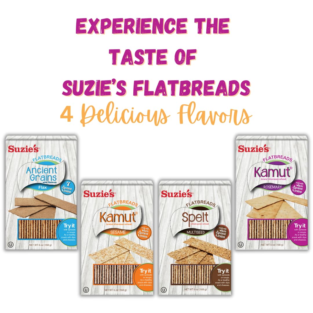 Suzies Kamut Rosemary Flatbread Crackers| Pack of 12 | Low-Fat & Vegan, Kosher, Whoelgrain | Low Carb Healthy SnackLow Carb | C