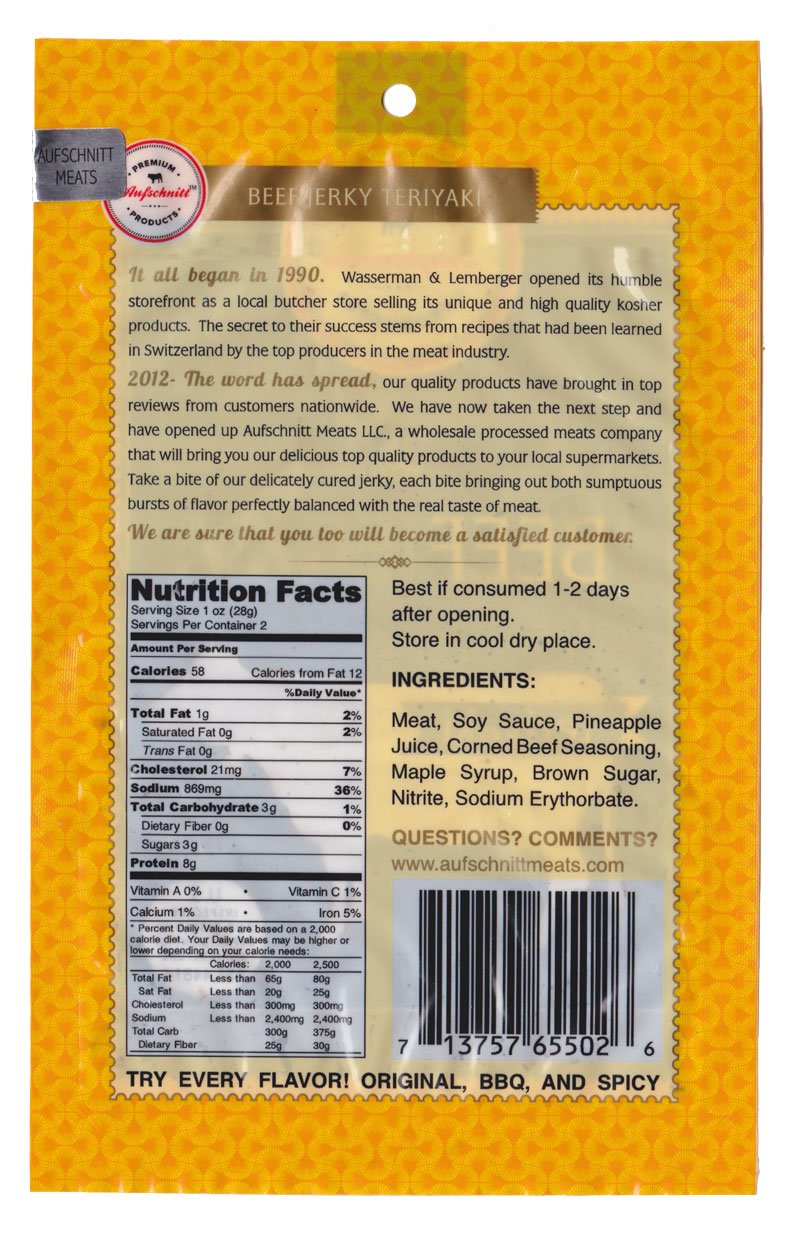 Premium Aufschnitt Grass Fed Beef Jerky, Low Sodium, Keto & Halal Friendly, 2 Ounce (Pack of 24), Teriyaki Flavor