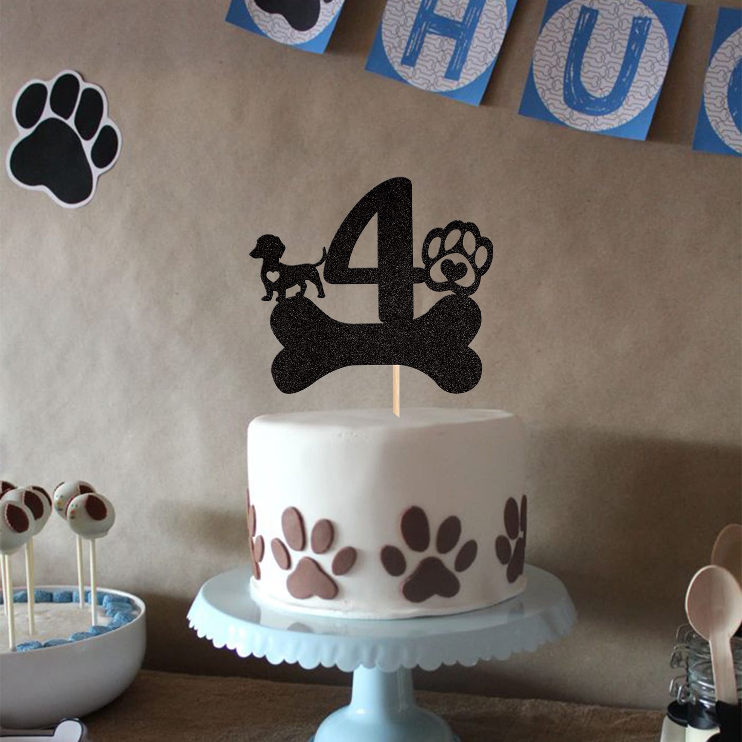 1 Pcs 4Th Birthday Cake Topper Black Glitter Dog Paw Four Years Old Birthday Puppy Dog Bone Cake Pick For Let'S Pawty Baby Showe